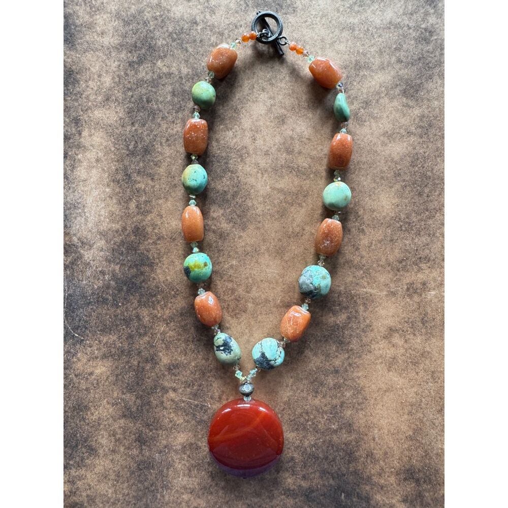 intage Southwestern Chunky Turquoise & Carnelian Agate Statement Necklace 21"